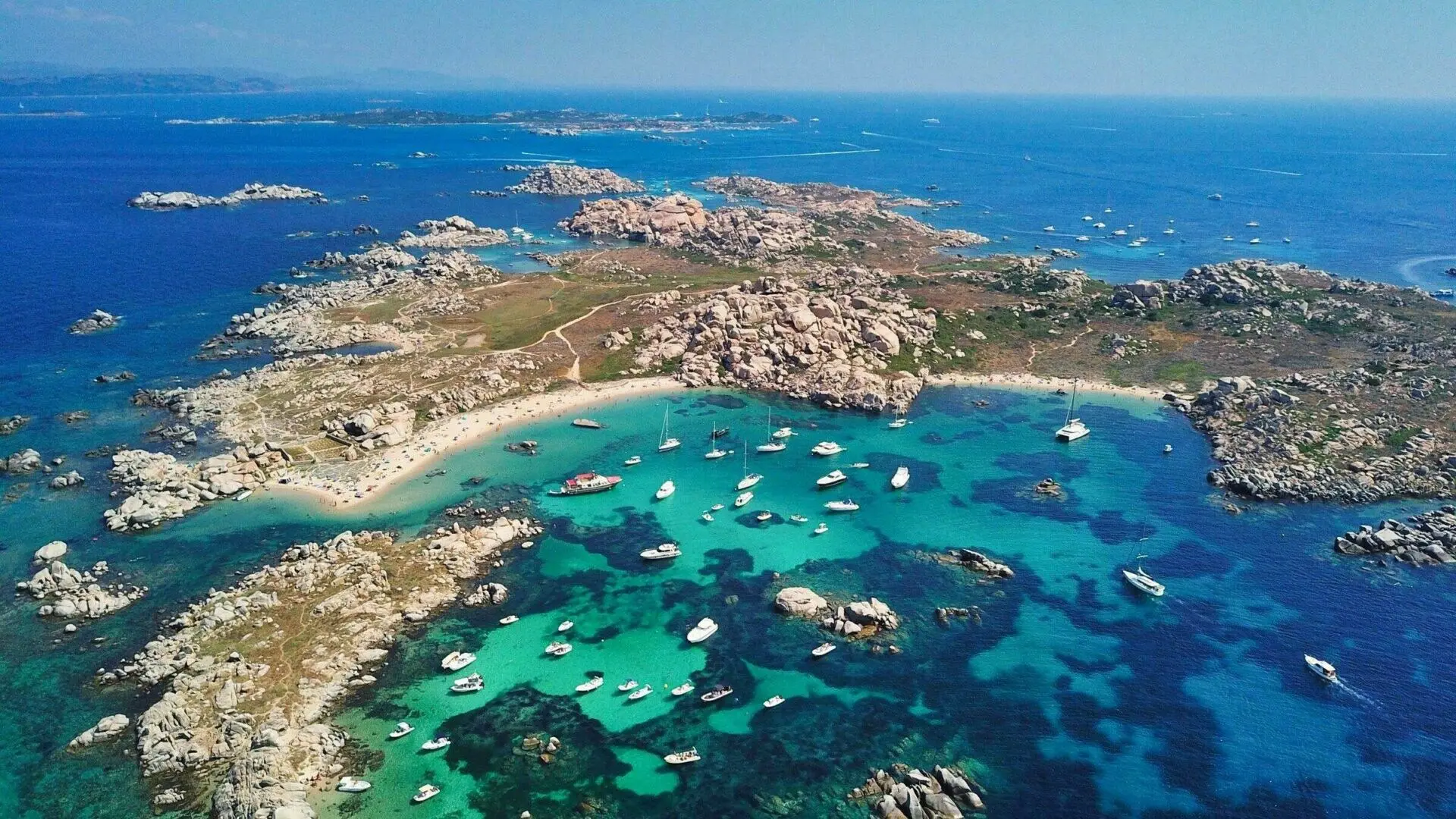 Aerial view of the Lavezzi Islands, granite rock formations in turquoise water