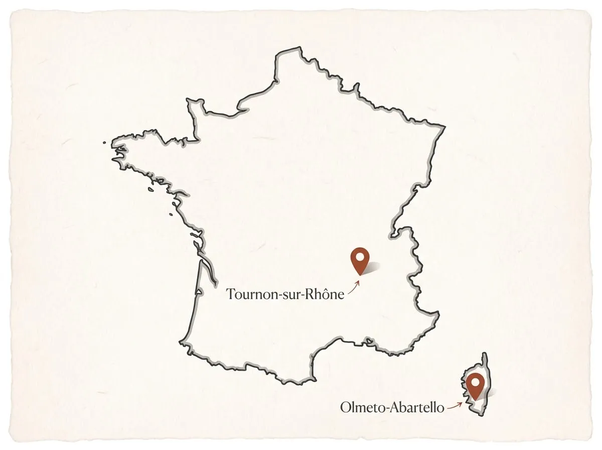 A map of France marking Tournon-sur-Rhône in the Rhône Valley and Olmeto-Abartello in southern Corsica